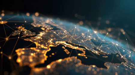 Captivating depiction of Europe illuminated by city lights and interconnected by a web of digital lines, symbolizing global communication, technology, and economic integration across the world.の素材