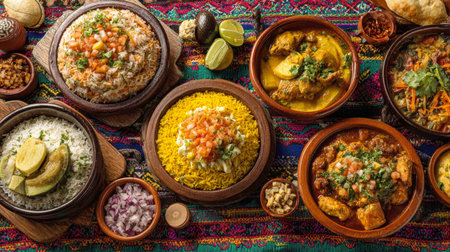 An enticing overhead view of various traditional dishes, including rice, stews, and side components, beautifully arranged in rustic bowls on a colorful patterned tablecloth, showing a rich culinary spread.の素材