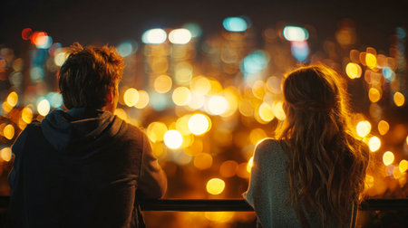 A couple, seen from behind, stands on a balcony or rooftop, looking out at a vibrant cityscape at night. City lights are blurred into a bokeh effect, creating a magical and romantic atmosphere. Themes of urban romance, city life, contemplation, travelの素材