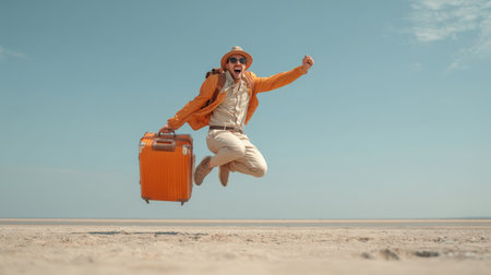 An overjoyed male traveler wearing a hat and sunglasses, holding an orange suitcase, leaps enthusiastically in the air against a clear blue sky and sandy desert landscape, expressing pure joy and freedom.の素材