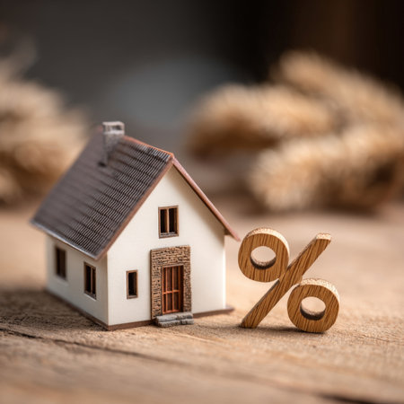 A miniature house model stands next to a wooden percentage symbol on a wooden surface, suggesting concepts of real estate, interest rates, and home finance. Ideal for banking, finance, property, and investment themes.の素材