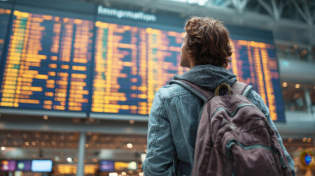 A person with a backpack stands in an airport, looking up at a large departure and arrival information board. Ideal for themes of travel, adventure, logistics, international transport, and planning.の素材