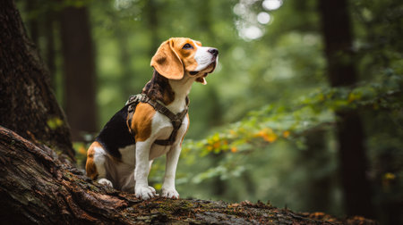 A beautiful tri-color beagle sits attentively on a fallen tree branch in a lush green forest, looking up and to the side. The dog is wearing a harness, and the background is a soft, out-of-focus blur of trees and foliage.の素材