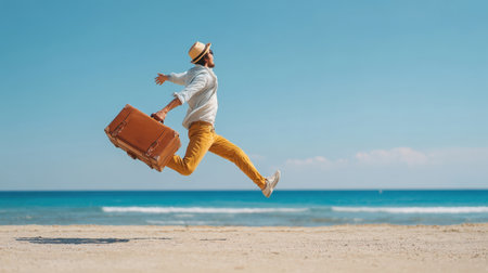 A joyful man in a hat and sunglasses leaps enthusiastically on a sandy beach, holding a vintage suitcase, with the blue sea and sky in the background. Captures the essence of vacation, freedom, and happinessの素材