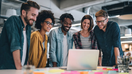 A group of smiling, diverse young professionals enthusiastically collaborated and brainstormed, gathered around a laptop in a bright, contemporary office environment.の素材