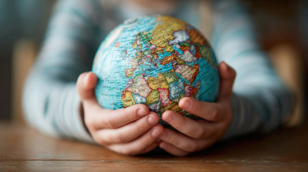 A child's hands gently cradle a globe, symbolizing care for the environment, global education, and the future of our planet. Ideal for themes of sustainability, childhood learning, and international cooperation.の素材