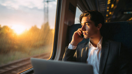 Young businessman on a train making a phone call, with a laptop open and a beautiful sunset visible outside the window, illustrating modern work and travel.の素材