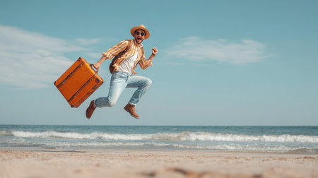A dynamic shot of a happy man in a hat and sunglasses, mid-air, jumping with an old-fashioned orange suitcase on a sandy beach. The ocean and blue sky form the background, conveying excitement and holiday spirit.の素材