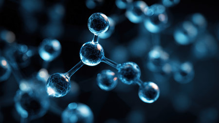 Abstract Molecular Structure. Illuminating Blue Atoms Interconnected in a Futuristic Scientific Display, Representing Innovation in Chemistry, Biology, and Advanced Research for Digital and Medical Fields.の素材