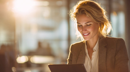 A smiling, attractive woman with blonde hair, wearing a blazer, intently looking down at a tablet or laptop in a bright, modern office environment with warm backlighting, symbolizing professional dedication and digital engagement.の素材