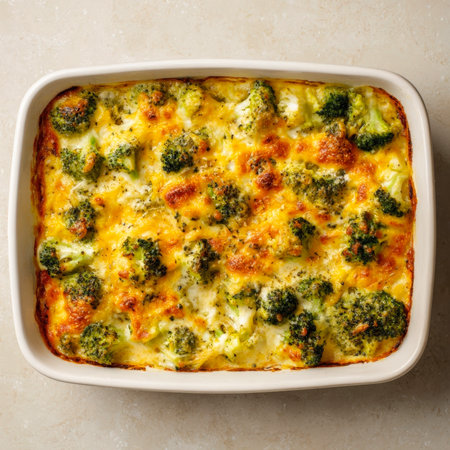 A delicious, golden-brown broccoli and cheese casserole baked in a white rectangular dish, viewed from directly above. The cheesy topping is perfectly melted and bubbly, with visible bits of green broccoli florets.の素材