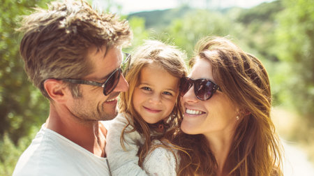 A beautiful and candid outdoor portrait of a happy family of three - a mother, father, and their young daughter - all wearing sunglasses and smiling, radiating warmth and happiness in a natural setting.の素材
