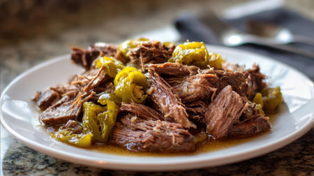 Close-up of a generous serving of slow-cooked pot roast with green peppers on a white plate, showing a delicious and tender homemade meal.の素材