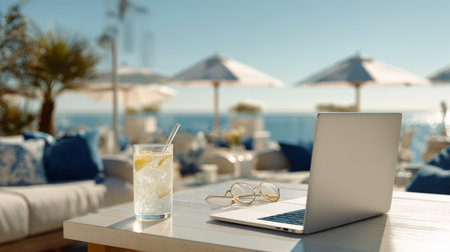 A refreshing glass of lemonade, stylish glasses, and an open laptop sit on a table at a luxurious outdoor resort lounge overlooking the ocean, embodying remote work, vacation, and a balanced lifestyle.の素材