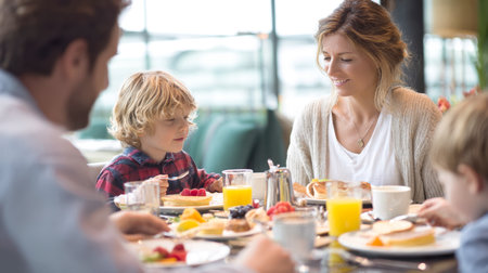 A candid and endearing scene of a family enjoying a delightful breakfast around a table, with focus on a mother smiling at her child as they eat pancakes and fruit.の素材