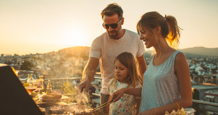 A happy family, with a father, mother, and daughter, enjoys a vibrant sunset BBQ on a rooftop terrace, grilling food and creating joyful summer memories together.の素材