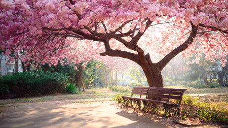A breathtaking view of a park path bathed in the soft glow of morning sunlight, with a wooden bench nestled beneath a magnificent, full-blooming cherry blossom tree, creating a tranquil and picturesque scene.の素材