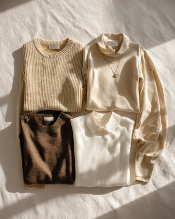 Collection of knit sweaters, elegant tops in harmonious palette of neutral colors. From cozy ribbed textures to soft, flowing fabrics, these garments are perfect for building stylish, comfortable cold-weather wardrobe with versatile layering optionsの素材