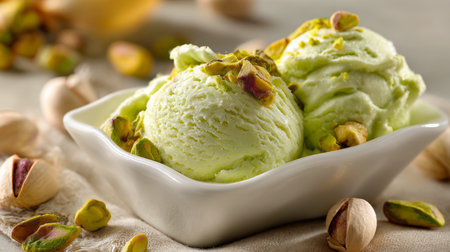 Indulge in the vibrant green hue and rich, authentic flavor of our premium pistachio ice cream. Each creamy scoop, generously adorned with crunchy crushed pistachios, offers a delightful escape for your taste buds. Perfect for hot day or sweet cravingの素材