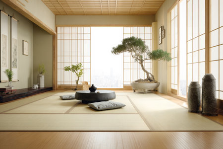 An tranquil traditional Japanese room featuring a minimalist aesthetic with tatami mats, shoji screens, and a gracefully placed bonsai tree, embodying peace and cultural harmony.の素材
