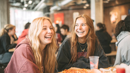 Two happy young women laughing earnestly while enjoying pizza in a bustling, modern cafeteria or student common area. Perfect for showcasing friendship, college life, casual dining, and youthful exuberance.の素材