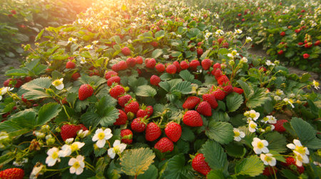 A lush, vibrant strawberry field bursting with ripe red berries and delicate white blossoms, bathed in the soft, golden light of sunset or sunrise, evoking freshness and natural abundance.の素材