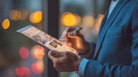 Close-up of a man in a suit using a digital tablet with a stylus, with glowing, out of focus city lights in the background. Represents modern business, technology, finance, and urban professional life.の素材