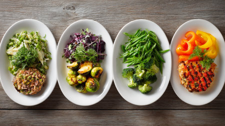 four healthy dishes, each meticulously prepared with fresh, colorful ingredients. From grilled salmon, lean protein patties to crisp green beans, broccoli, roasted Brussels sprouts, salads, these plates offer a balanced, nutritious meal optionの素材