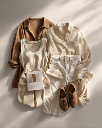 A carefully arranged flat lay featuring a minimalist capsule wardrobe in warm neutral tones, including shirts, pants, a tank top, shoes, and a scarf, ideal for fashion, style guides, and sustainable living content.の素材