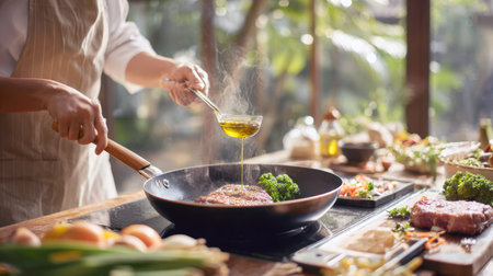 A chef's hands are expertly at work, drizzling oil from ladle onto sizzling steak in pan, with broccoli florets beside it. The scene is set in a well-lit kitchen, with various fresh ingredients scattered around, highlighting art of gourmet cookingの素材