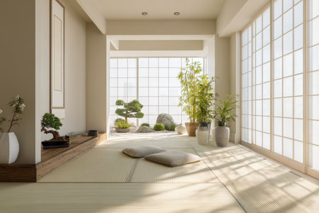 A peaceful and minimalist Japanese-inspired room featuring tatami mats, shoji screens, bonsai trees, and natural plants, with a large window overlooking a serene garden. Ideal for themes of tranquility, mindfulness, and interior design.の素材