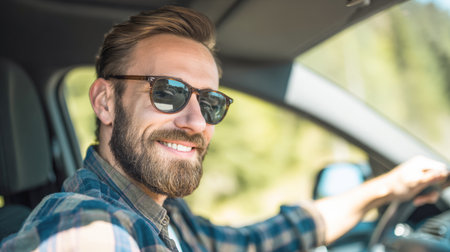 A confident, bearded man wearing stylish sunglasses smiles brightly while driving, embodying the spirit of travel and leisure. Perfect for themes of road trips, independence, and enjoyable commutes.の素材