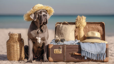 A large Great Dane wearing a straw hat sits on a sandy beach next to open vintage suitcases filled with travel accessories, with the ocean in the background. Perfect for travel, summer, and pet-friendly vacation themes.の素材