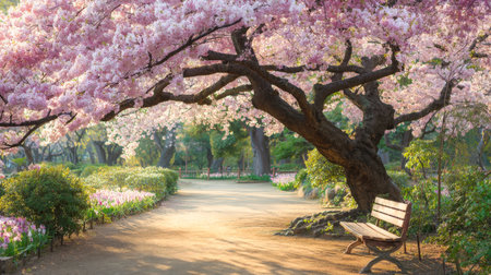 A picturesque park scene bathed in the soft light of spring, vibrant pink cherry blossoms in full bloom overhead. A solitary wooden bench rests beneath a large, old cherry tree, inviting peaceful contemplation amidst the floral beauty.の素材