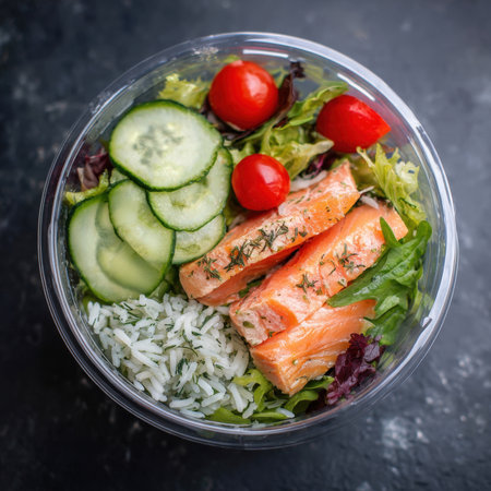 Enjoy this convenient and healthy salad bowl featuring succulent salmon fillets, fluffy rice, crisp mixed greens, juicy cherry tomatoes, and refreshing cucumber slices. Ideal for a quick, balanced, and satisfying meal.の素材