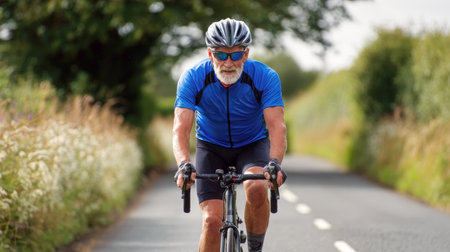 A fit, older man with a gray beard, wearing a blue cycling jersey, black shorts, sunglasses, and a helmet, rides a road bike on a paved country road, focused on his fitness and the joy of outdoor exercise.の素材