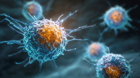 active cells with intricate surface details, internal glow. This dynamic visualization is perfect for conveying concepts related to immunology, viral activity, bacterial processes, disease research, or advanced cellular biology in medicalの素材