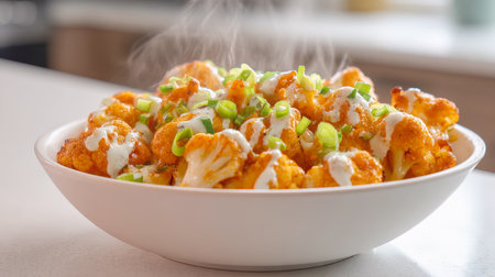 A bowl of hot, steaming buffalo cauliflower florets, drizzled with a creamy sauce and topped with fresh green onions. A popular vegetarian appetizer or healthy snack option.の素材