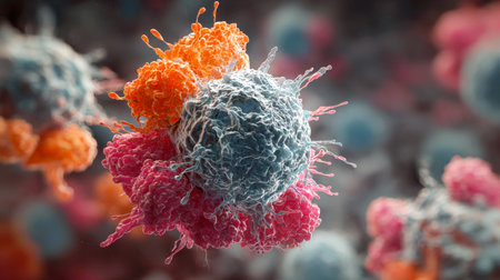 central cancer cell being attacked by surrounding immune cells (t-cells). Ideal for medical, scientific, oncology, and health-related content.の素材