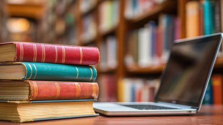 A compelling image showing the blend of traditional and contemporary learning, featuring a stack of colorful old books next to an open laptop on a wooden table, with blurred bookshelves in the background, perfect for educational themes.の素材