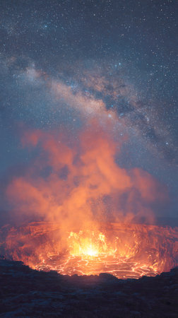 breathtaking night scene showcasing a volcanic eruption with molten lava glowing intensely beneath a brilliant, star-filled Milky Way. Captures nature's raw power and the cosmos's grandeur.の素材
