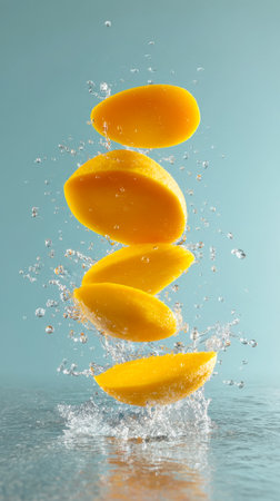 Captivating image of fresh mango slices splashing into water, creating dynamic motion and a sense of freshness. Ideal for food, healthy eating, and tropical themes.の素材