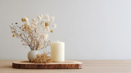 A beautifully composed still life featuring dried floral arrangement in a minimalist vase, lit white candle, natural elements on a wooden slice. This image embodies calm, warmth, and natural elegance, ideal for themes of home decor, hygge, wellnessの素材