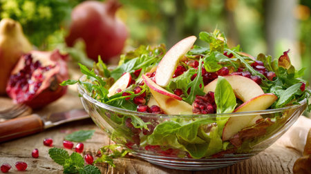 A colourful, crisp green salad brimming with fresh arugula, crunchy apple slices, and sparkling ruby-red pomegranate seeds, a perfect healthy and refreshing dish.の素材