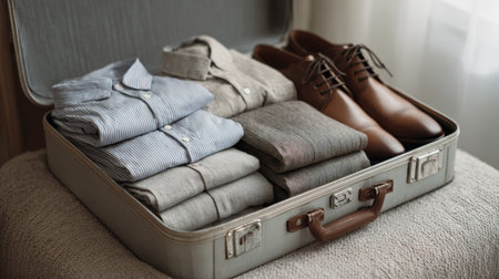 A close-up of a vintage suitcase filled with a man's travel essentials. Neatly folded shirts and pants, along with a pair of classic brown leather shoes, are packed and ready for a business trip or a weekend getaway.の素材