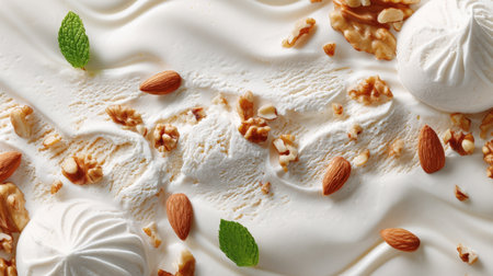 A vibrant, top-down view of a scoop of white ice cream or frozen yogurt. The creamy dessert is garnished with crunchy almonds and walnuts, fresh mint leaves, and delicate meringue swirls, creating a perfect and refreshing treat.の素材