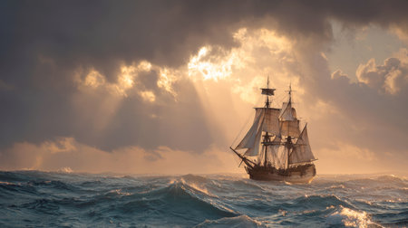 A breathtaking historical sailing vessel, a tall ship with full sails, navigates choppy waters under a dramatic sky. Golden light breaks through dark clouds, creating a powerful and inspiring scene of resilience and exploration on the vast sea.の素材