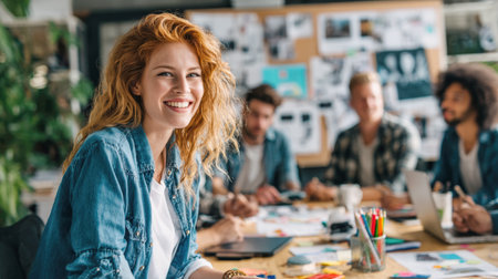 A vibrant, smiling woman with red hair, wearing a denim shirt, sits at the head of a table, looking towards the camera. Behind her, a diverse team of colleagues is engaged in a collaborative meeting in a modern office space with a large mood board.の素材