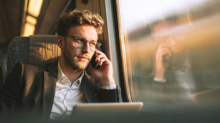 A young, attractive businessman with glasses and a beard is shown in a thoughtful moment, talking on his smartphone while looking out the window of a moving train. The train's blurred exterior is visible through the glass.の素材