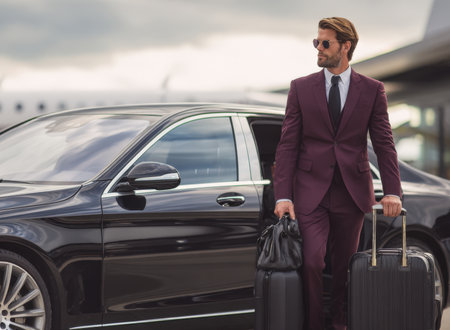 Stylish, successful businessman in a burgundy suit with luggage walking out of a luxury car at the airport. A wealthy man in sunglasses is ready to travel, looking confident and fashionable.の素材